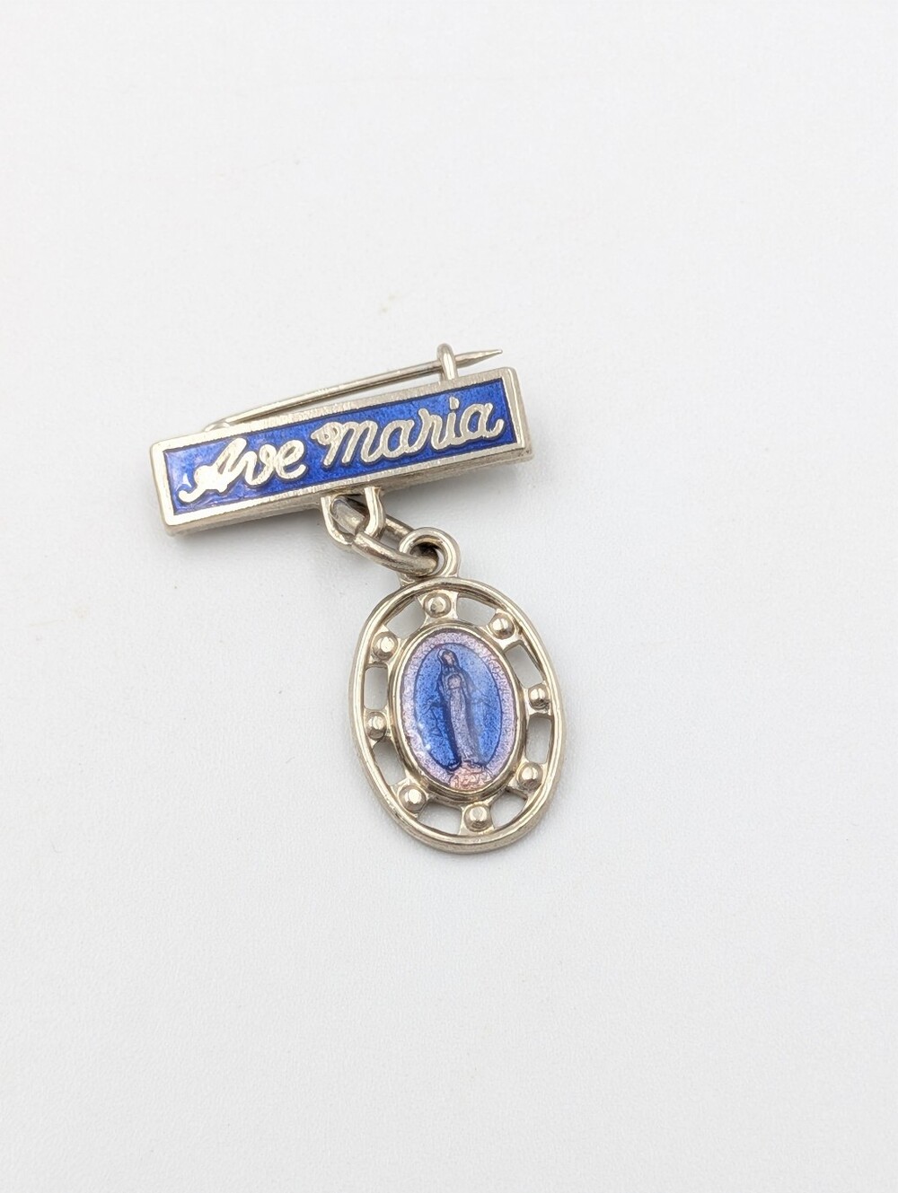 Ave Maria blue silver tone religious Miraculous Medal pin brooch